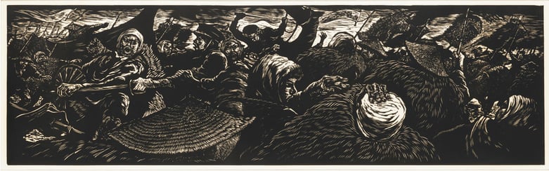 小口一郎《「野に叫ぶ人々」より　川俣事件（その二）》1955 年　紙、木版　栃木県立美術館蔵