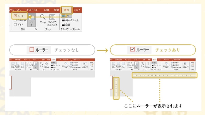 パワーポイントの「ルーラー」を表示させるには、表示タブの「ルーラー」にチェックを入れます。