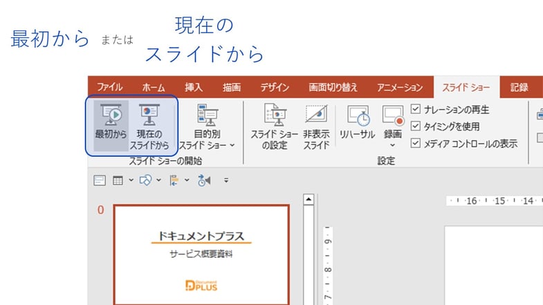 zoomでパワーポイントのスライドを共有を開始させる方法です。