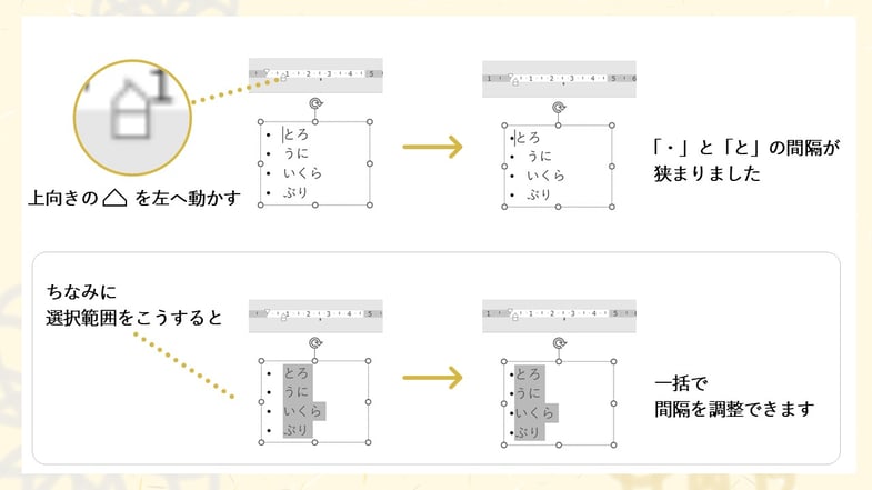 パワーポイントの箇条書きでは、ルーラーを少しいじると、より見やすくなる場合があります。
