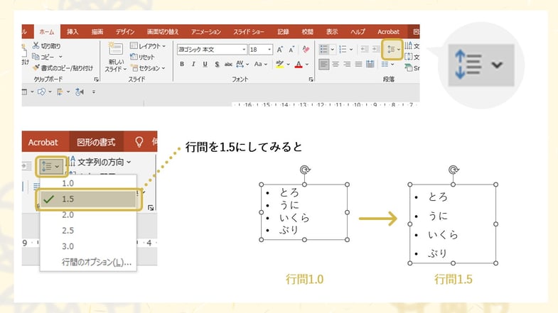 パワーポイントの箇条書きでは、デフォルトの状態で作成すると、行間がやや狭く感じることはないでしょうか。