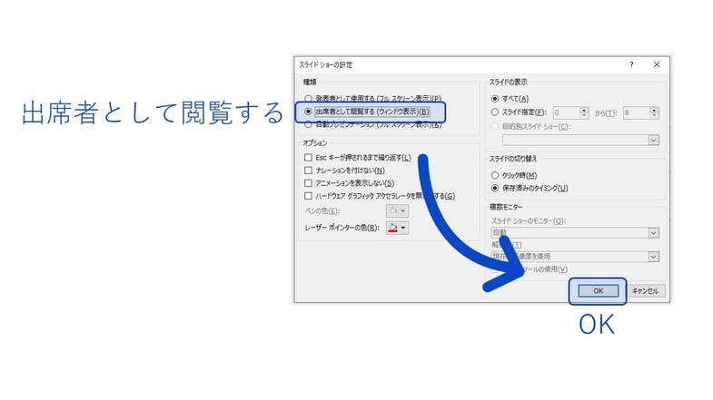 zoomでパワーポイントを共有して見せる場合「ウインドウ表示」にするのが簡単かと思います。