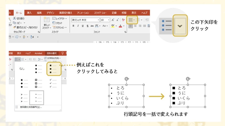 パワポの「箇条書き」機能を使えば、行頭記号を「点」だけでなく、四角や丸などに、一括で変えることができます。