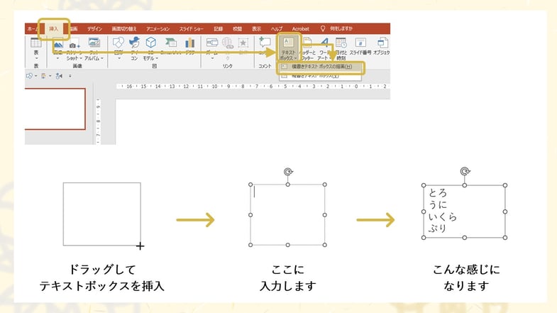 パワーポイントでの箇条書きは、ホームタブにある「箇条書き」というボタンをクリックして作る方法をおすすめします。