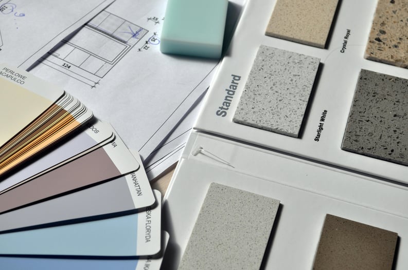 Renovation budget management includes carefully choosing color charts for the kitchen and wall painting, as well as selecting stone colors for the benchtop, to ensure all design elements align within the financial plan.