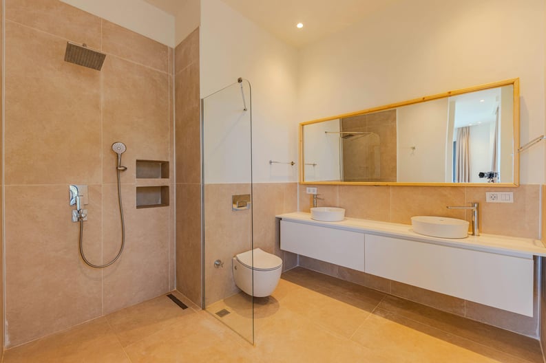 Beautiful, functional bathroom with a shower, sink and toilet, in St Ives Sydney