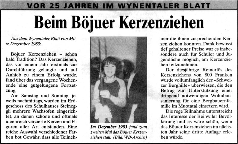 Kerzenziehen Beinwil am See Tradition 1983 Wynentaler Blatt