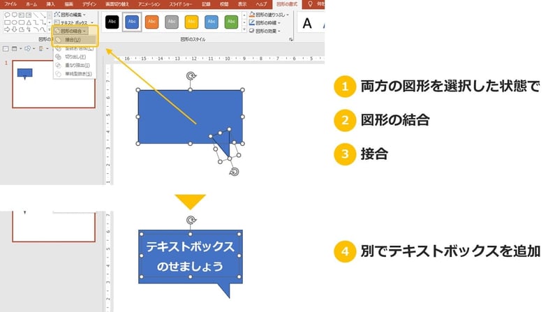 パワーポイントで「図形の結合」で自分で見た目の良い吹き出しを作ったときのテキストの挿入方法。