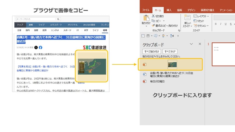 パワポのクリップボード履歴という機能は、なんとウェブブラウザの画像も簡単にコピペ可能です