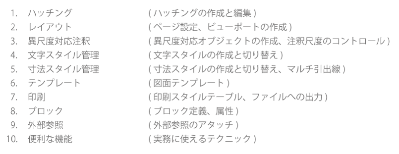 ハッチング：ハッチングの作成と編集　レイアウト：ページ設定、ビューポートの作成　異尺度対応注釈：異尺度対応オブジェクトの作成、注釈尺度のコントロール　文字スタイル管理：文字スタイルの作成と切り替え　寸法スタイル管理：寸法スタイルの作成と切り替え、マルチ引出線　テンプレート：図面テンプレート　印刷：印刷スタイルテーブル、ファイルへの出力　ブロック：ブロック定義、属性、ダイナミックブロック　外部参照：外部参照のアタッチ、参照ファイルの編集　便利な機能：実務に使えるテクニック