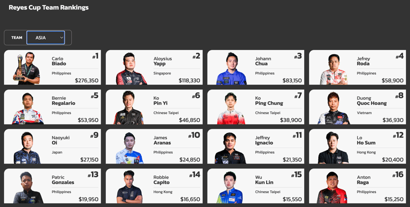 レイズカップ用アジアランキングの一部。大井直幸は9位