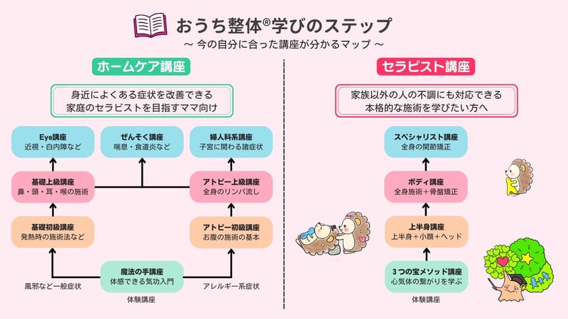 おうち整体全体図（身近によくある症状を改善できるママ向けのホームセラピスト講座）（ありとあらゆる症状を改善できるゴッドハンドママを目指すプロセラピスト講座）