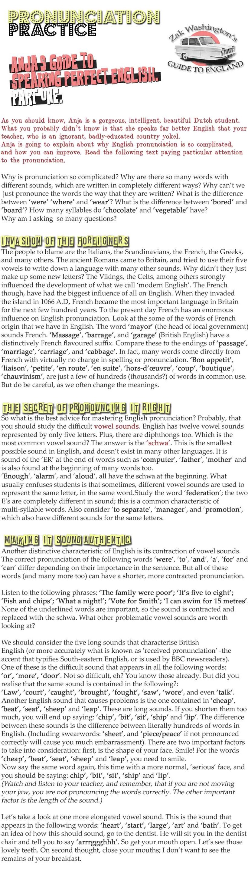 Zak Washington's Guide for Students Going to England. English Language Course. Pronunciation exercises