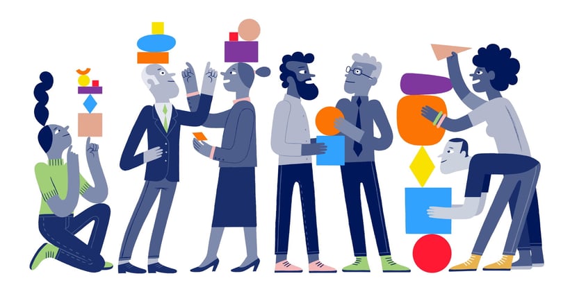 Das sind sieben animierte bunte Menschen, die unterschiedliche Dinge machen. Sie stehen nebeneinander. Einige unterhalten sich zu zweit oder sind alleine und schauen sich etwas an. Andere haben Spaß untereinander und lachen. 