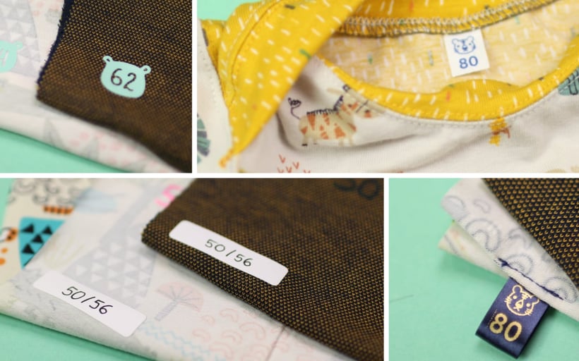 10 Arten Größenetiketten für genähte Kleidung selbst herstellen bzw. wie Größen in Kleidung markieren –textilstifte, Wäschemarkier-Set, Bügelfolie, plotten, sticken, einnähen, brother P-Touch Cube Etikettendrucker  inkl. kostenlose Vorlagen von DIY Eule