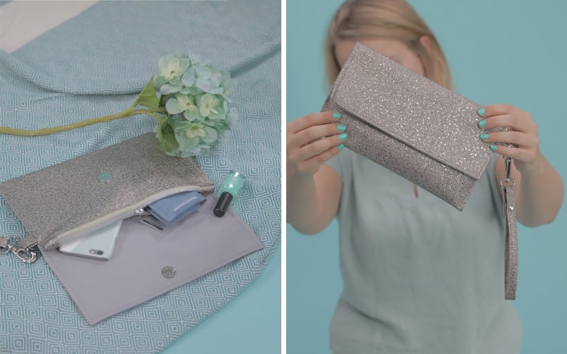 #ClutchClara aus dem #DIYeuleBuch : Nähanleitung für eine schicke und schlichte Clutch mit Riemchen und Reißverschluss. Clutch nähen ganz einfach aus einem silbernen metallic Kunstleder.  Schnittmuster und Anleitung von DIY Eule. 