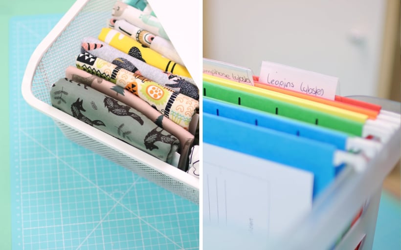 Stoffe sortieren und Schnittmuster sortieren & aufbewahren – verschiedene Ideen im Test: Schnittmuster im Ordner, im Hängeregister und in der Fächertasche. Stoffe mit Pappen aufrollen und ordnen. Für mehr Ordnung im Nähzimmer. DIY Anleitung von DIY Eule.