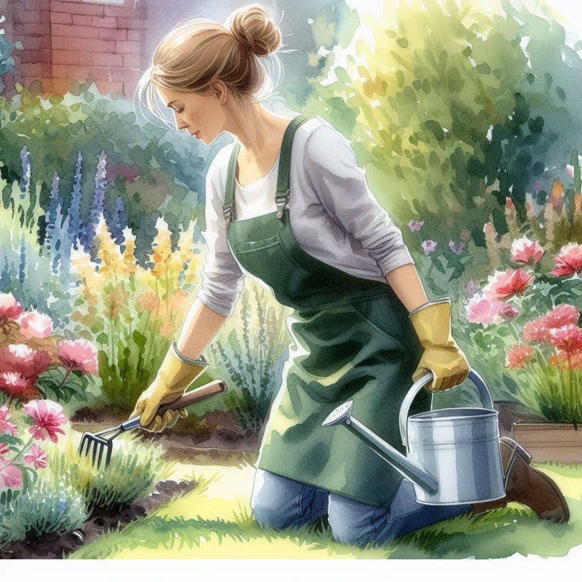 Woman with good posture gardening