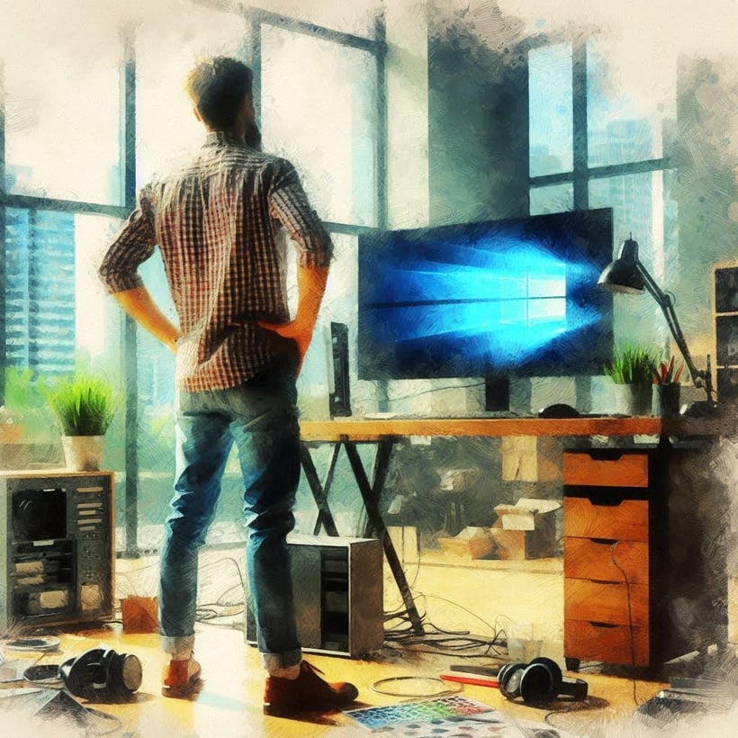 Man stood in front of a computer screen having an online Alexander Technique lesson