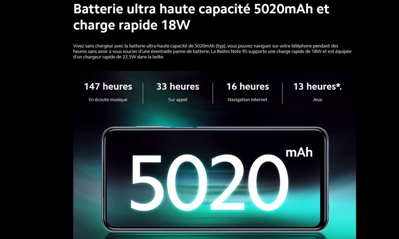 Xiaomi Redmi Note 9S autonomie batterie 5020 mAh