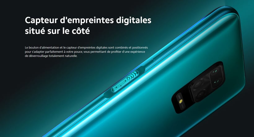Redmi Note 9S Xiaomi capteur d'empreinte digitale sur le côté