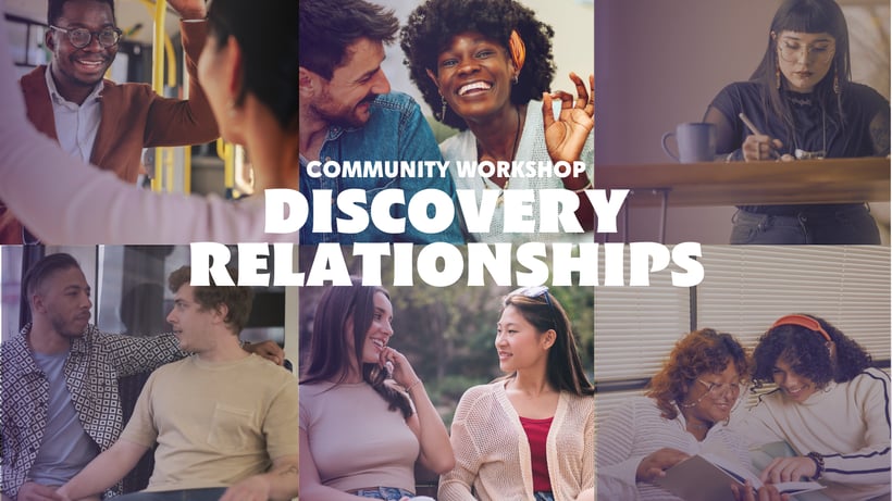 Grid of six images showing people in relationship with one another with text that reads Community Workshop Discovery Relationships 
