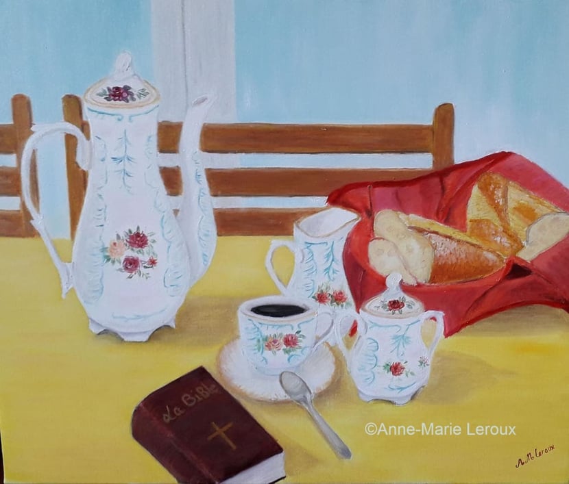 Peinture à l'huile représentant un petit déjeuner nature morte .