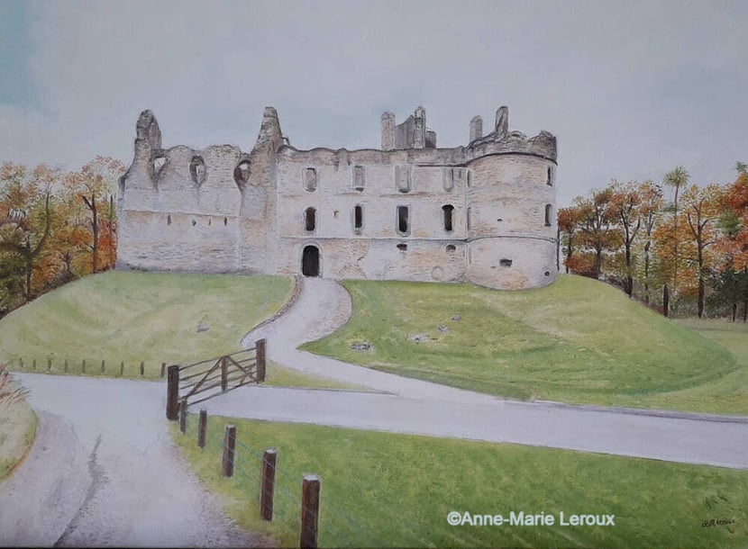 Peinture à l'huile représentant un paysage d'Ecosse avec un château en ruine, une petite route et un chemin de terre.