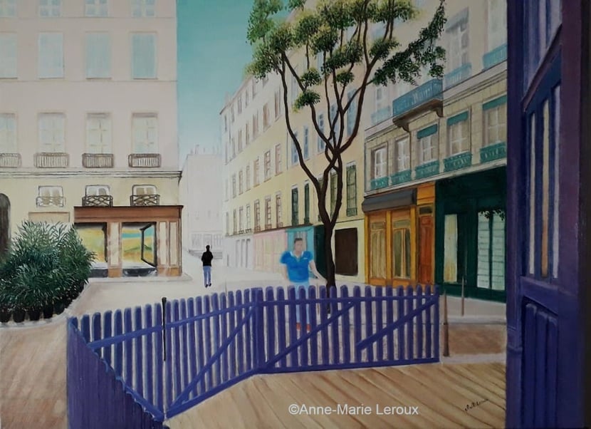 Peinture à l'huile représentant la croix rousse , une porte ouvrant sur la ville .