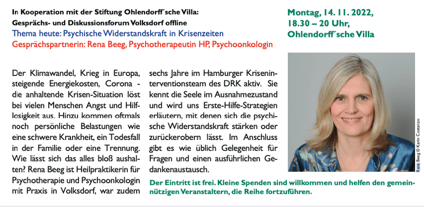 Ankündigung eines Vortrags von Rena Beeg, Heilpraktikerin für Psychotherapie, in Hamburg zum Umgang mit Krisen 