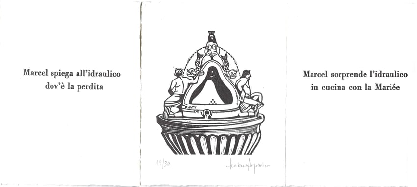 tripla pagina con stampa tipografica e linoleum originale di Luciano Ragozzino