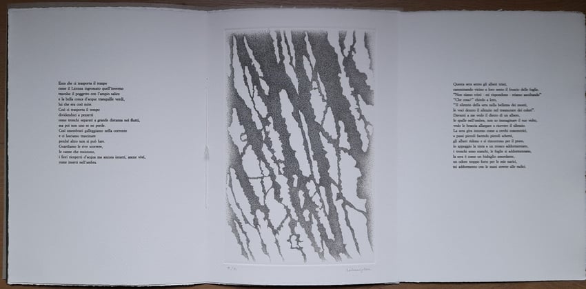 tripla pagina con testo tipografico e incisione originale di Giulia Napoleone