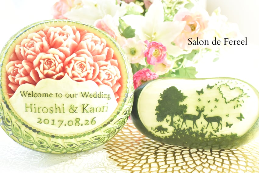 カービング　スイカ　メロン　教室　フルーツ　彫刻　大阪　オーダー　習い事　誕生日プレゼント　結婚式　カッティング　ソープ　似顔絵　お供え　冬瓜