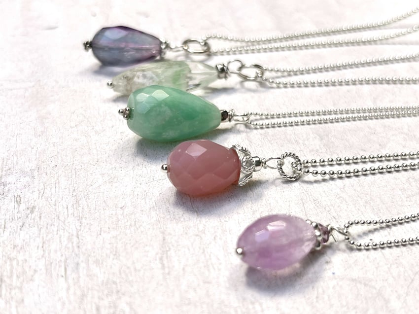 Silberketten mit natürlichen Stein Anhänger mit Amethyst, Amazonit, Quarz, Fluorit