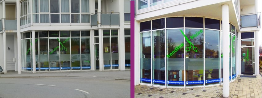 aussenansicht mit 7 parkplätzen unmittelbar vor dem salon