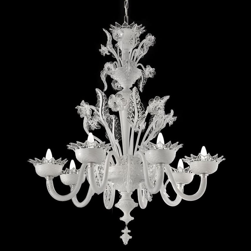 Lampadario schumann bianco in vetro di Murano con dettagli trasparenti lavorato a mano