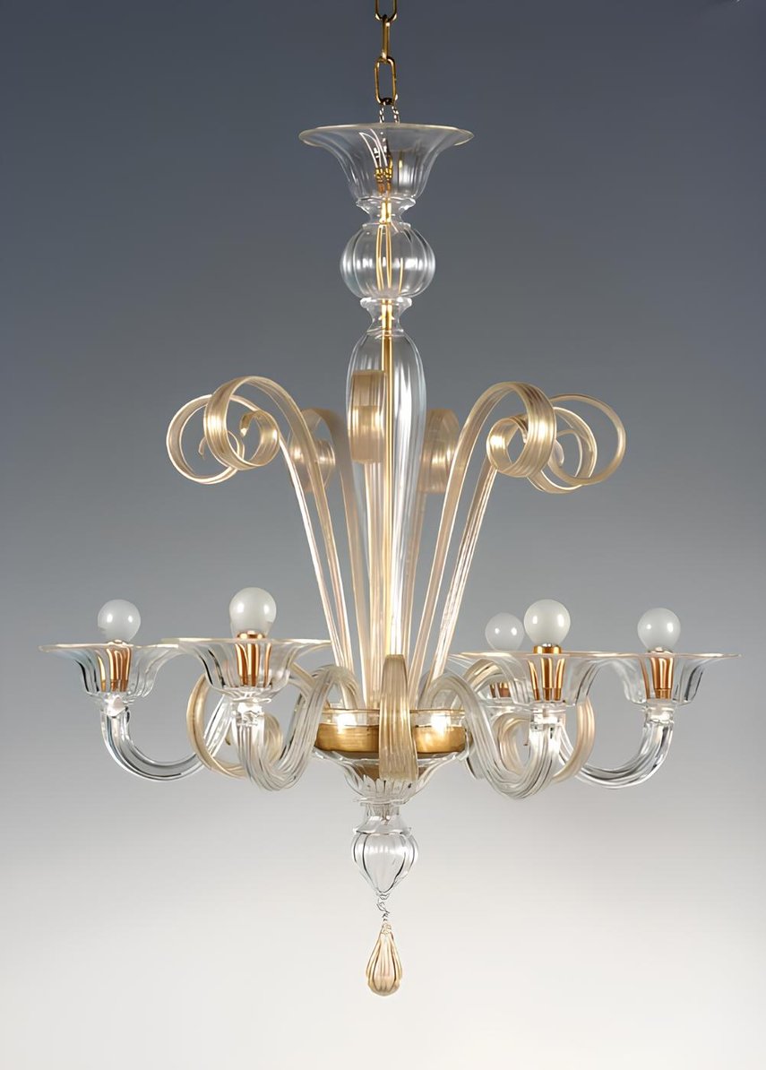 Lampadario classico in vetro di Murano con braccia volute e dettagli in oro