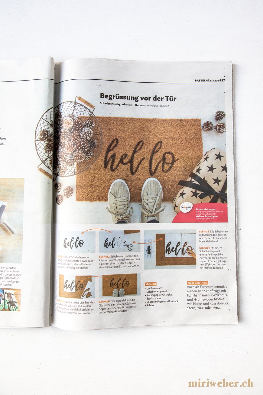 Content Creation, Famigros, Migros Magazin, Schweiz, DIY Blog Schweiz, Schweizer DIY Bloggerin, Fussmatte selber beschriften, DIY Fussmatte, Türvorleger, Teppich, Handlettering, bemalen, basteln, Geschenkidee, Basteln mit Kindern, Familienblog Schweiz