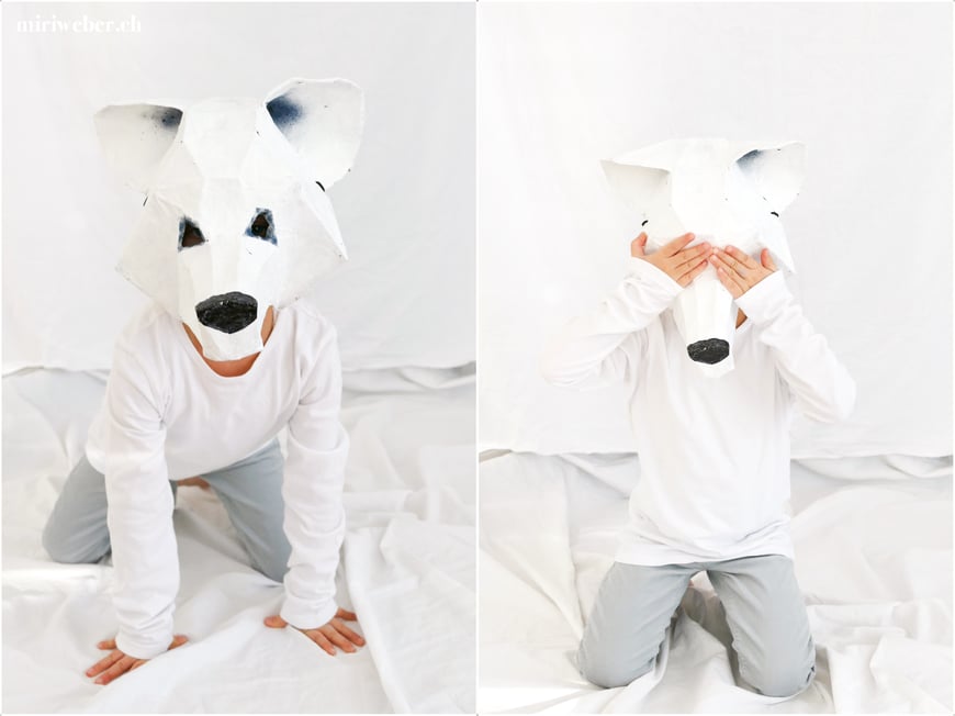 DIY, Maske, Eisbär, Wolf, Wintercroft, selber machen, kreativ, DIY Blog Schweiz, Fasching, Kinder, Kostüm, Papmache, Kleister, Papier, basteln, mit Kindern, Fasching, Fasnacht, Karneval , Familien Blog Schweiz