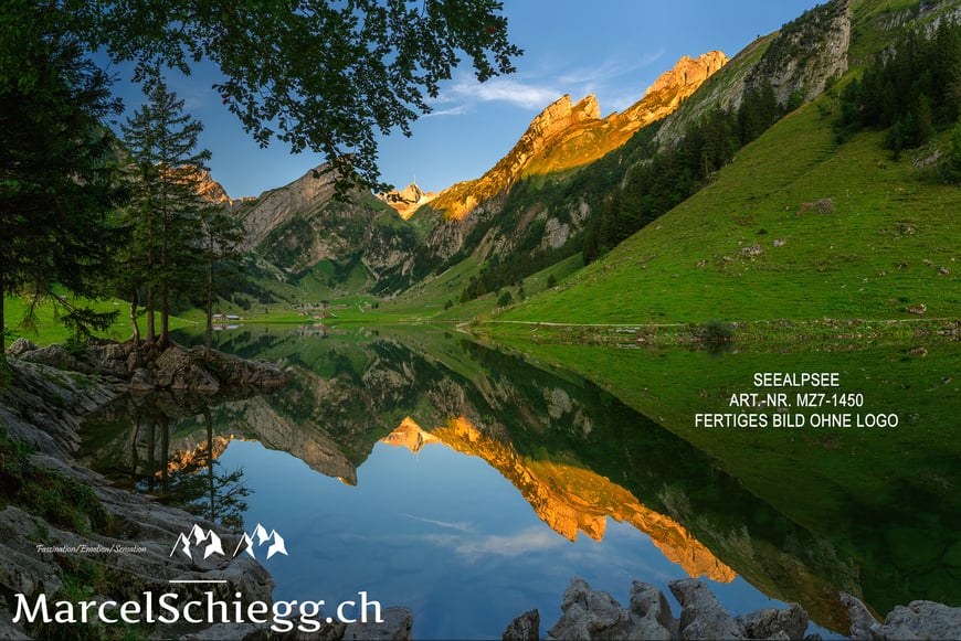 Marcel Schiegg, Fotografie, Seealpsee, Berggasthaus Seealpsee, Berggasthaus Forelle, Alpstein, Appenzell, Appenzellerland, Schweiz, Bergsee, Alpenglühen, Säntis