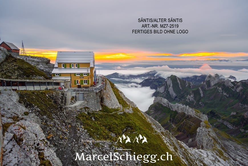 Marcel Schiegg, Fotografie, Säntis, Alter Säntis, Berggasthaus Alter Säntis, Sonnenaufgang, Nebelmeer, Alpstein, Appenzell, Appenzellerland, Schweiz