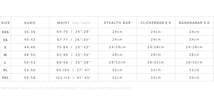 Mystic Waist Harness Sizechart, Mystic Stalth Bar Size Chart