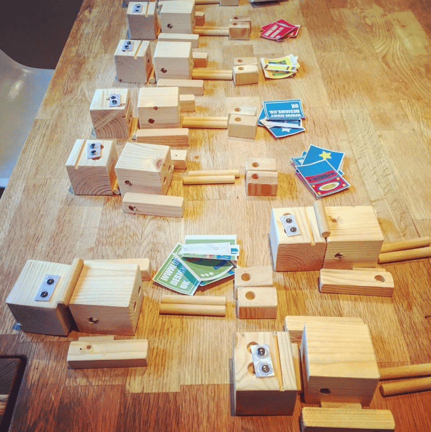 Robot kits laid out on table