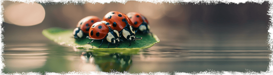 4 Marienkäfer sitzen auf einem Blatt auf dem Wasser, Glückskinder