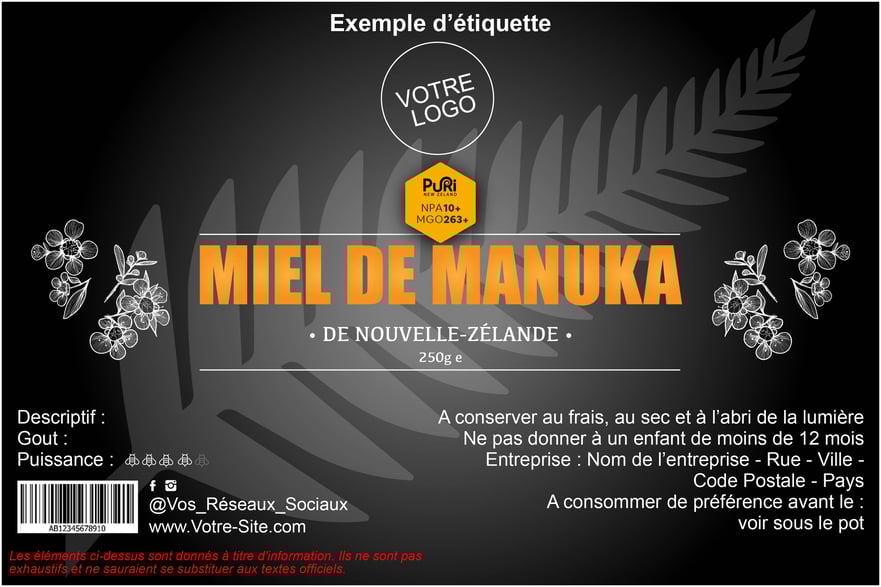 Exemple d'étiquette de miel suggéré par Puri New Zealand, étiquetage du miel et mentions obligatoires. Exemple d'étiquette de Miel de Manuka NPA 10+ de Nouvelle-Zélande 250g noir avec une fougère grise en fond et fleurs de Manuka