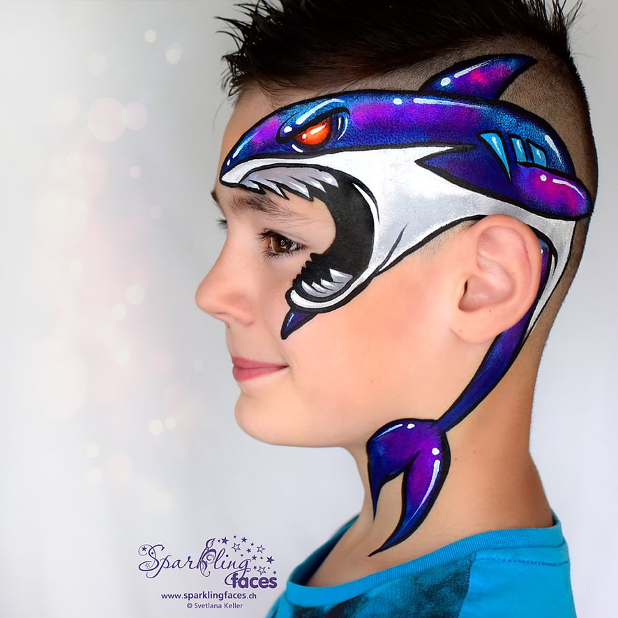 Kinderschminken_Vorlagen; Schminkfarben_kaufen_Schweiz; Kinderschminken_Kurse; Svetlana_Keller; face_painting; Ballonmodellieren; Ballonmodellage; Airbrush_Tattoos; einfach; Hai