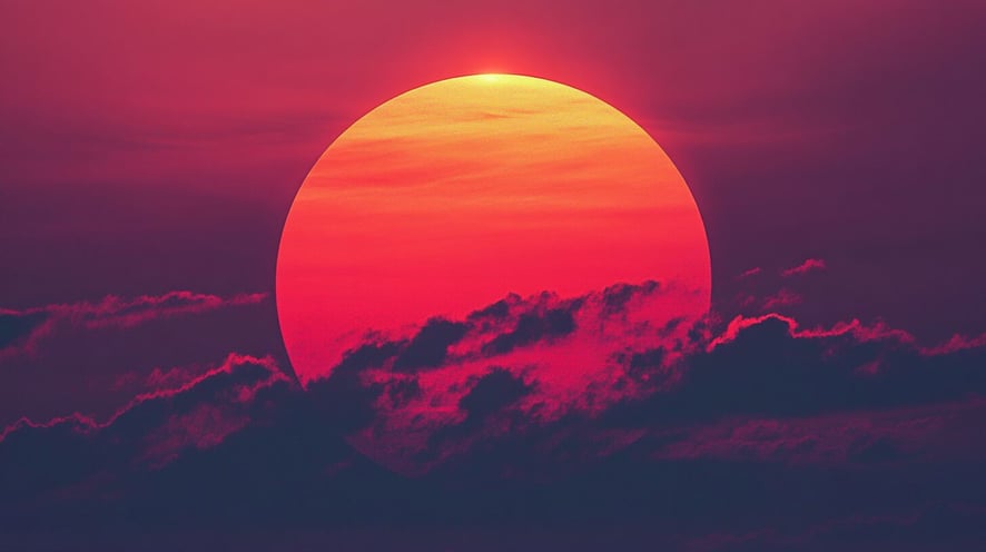 Die rote Sonne geht hinter den dunklen Wolken unter und schafft eine Atmosphäre der Ruhe und des Geheimnisses. Der Hintergrund ist ein rosa-violetter Himmel mit Farbverlauf und großen kreisförmigen Formen im Vordergrund.