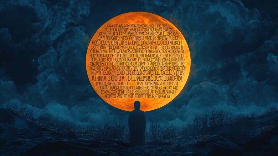 Ein Mann steht mit dem Rücken zum orangen grossen Mond, der Mond ist gefüllt mit Wörtern und Zahlen, dunkler Hintergrund, realistisch, filmisch