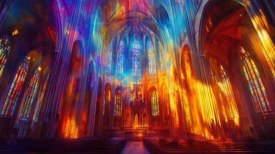 Ein wunderschöner Innenraum der Kathedrale mit Buntglasfenstern, die bunte Lichtstrahlen in einem Regenbogen von Farbtönen werfen. Hyperrealistische Fotografie fängt die Szene in lebendigen Details ein.
