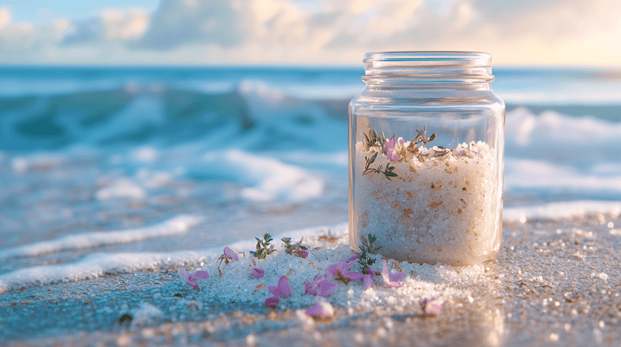 Ein Einmachglas gefüllt mit Meersalz und winzigen rosa Blüten, am Strand vor einer Meereswelle sitzend, Soft-Fokus-Fotografie, Pastellfarben, Stockfoto, Boho-Stil, sehr detailliert, scharfer Fokus, hohe Auflösung, hyperrealistisch, superdetailliert